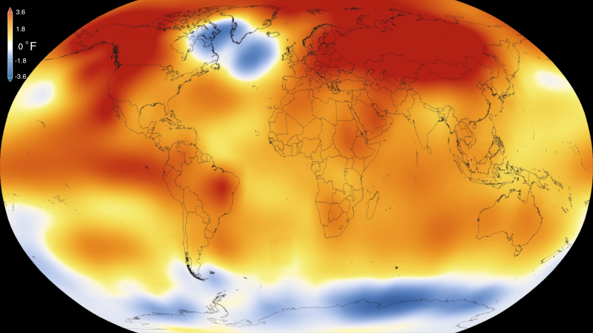 2015 - najteplejší rok od začiatku meraní (1880), farba znázorňuje teplotné anomálie